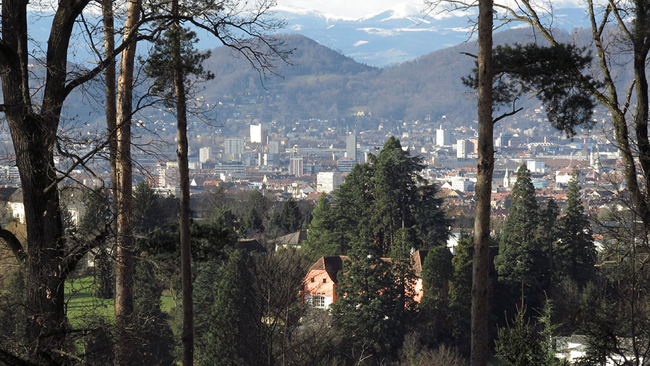 Von Lustbühel stadtwärts, am Horizont die Gleinalpe. Foto: ©Auferbauer