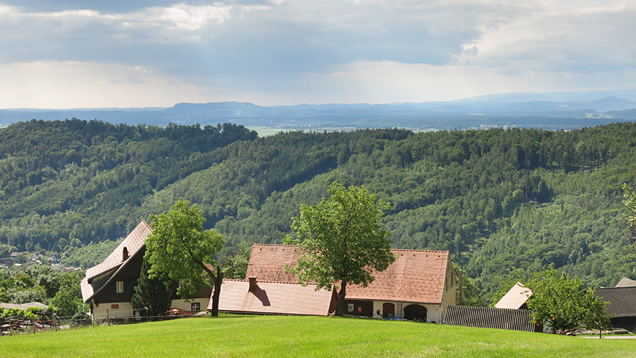 Gasthaus Orthacker vulgo Eichberger, im Süden steht der Wildoner Berg. Foto: ©Auferbauer