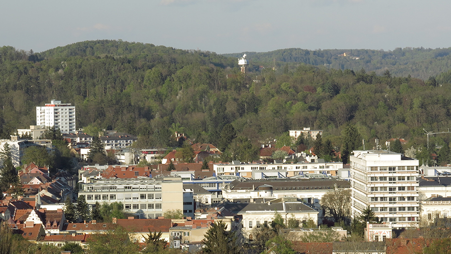 Vom Schloßberg Richtung Leechwald, darin steht die Hilmwarte (431 m). Foto: ©Auferbauer