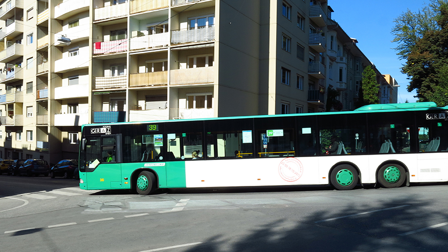 Graz Linien, Stadtbus 39, Richtung Kreuzgasse, Geidorfplatz. Foto: ©Auferbauer
