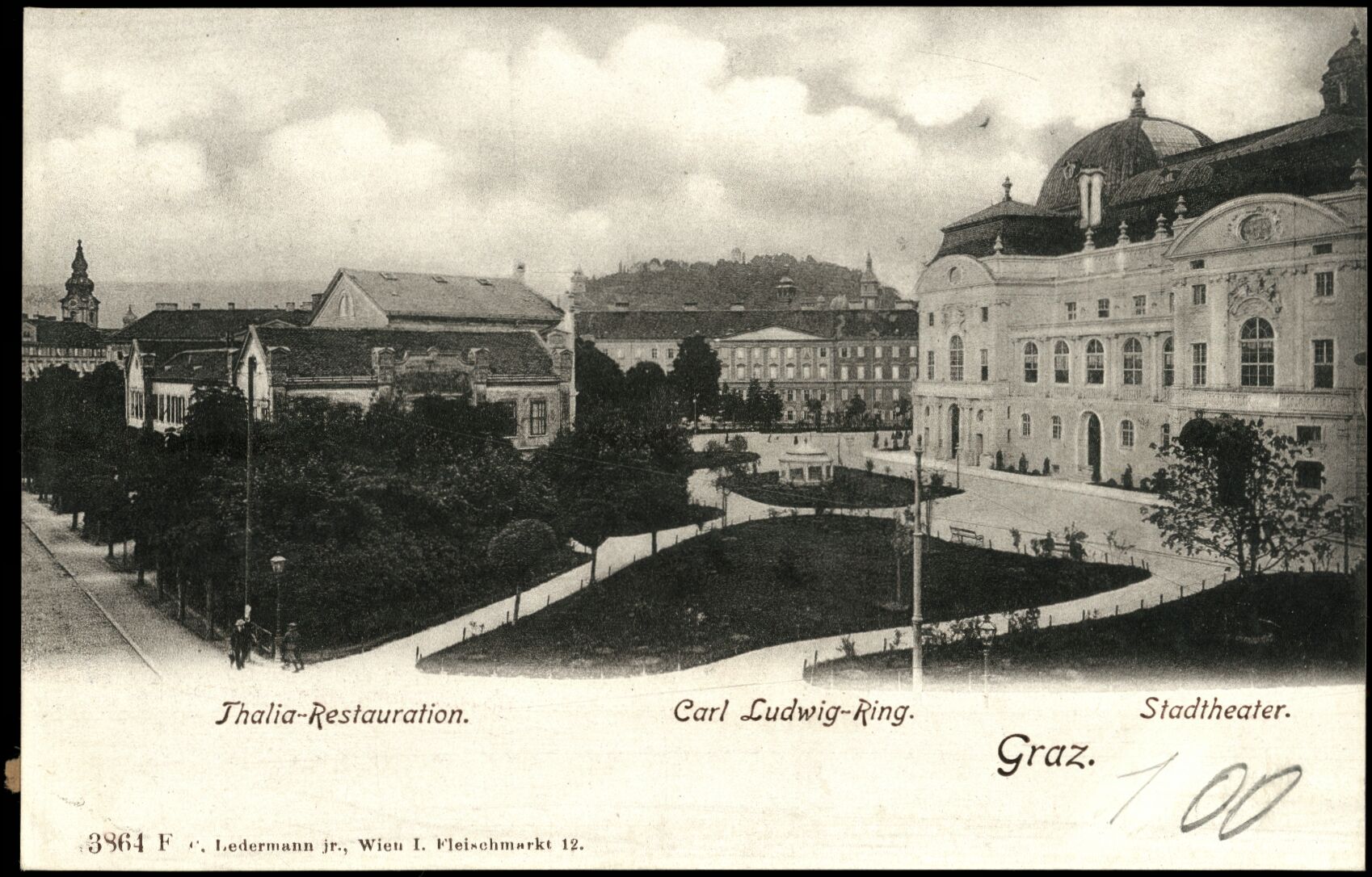 Graz, Carl-Ludwig-Ring, Thalia-Restaurant, Stadttheater; vor 1905; Österreichische Nationalbibliothek; Ansichtskarten online. httpdata.onb.ac.atAKONAK054_128