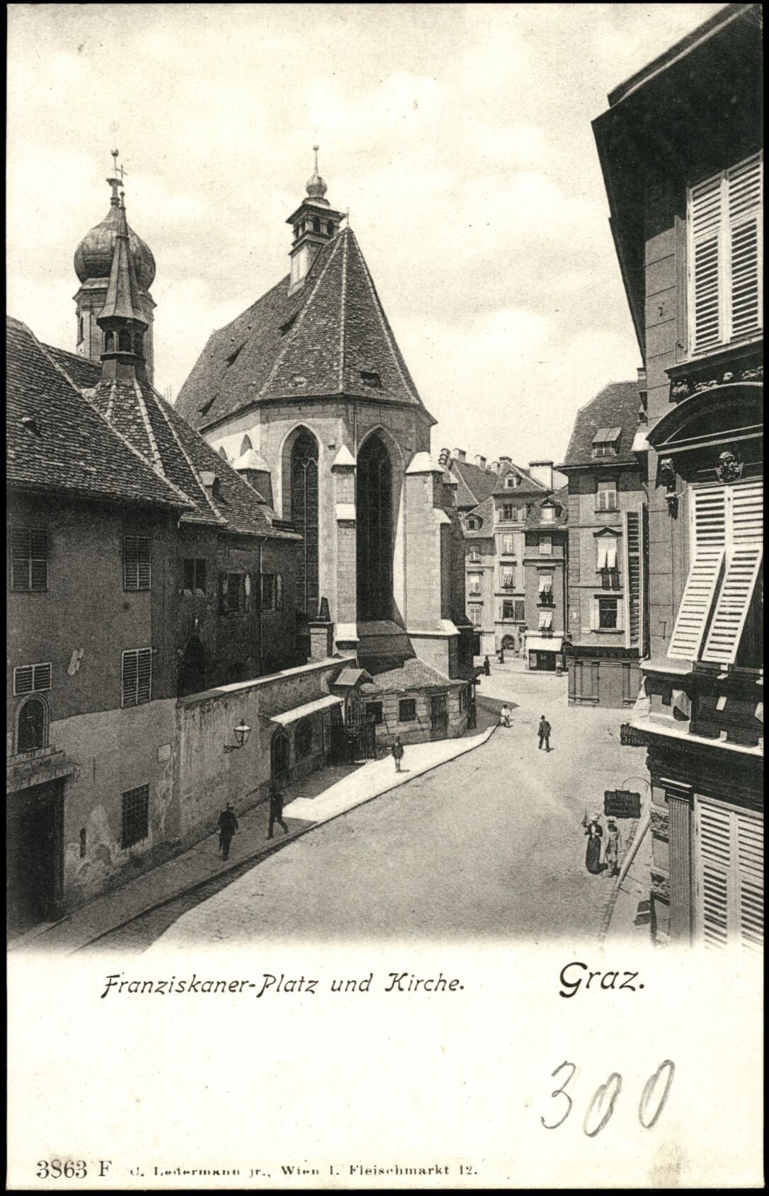 Graz, Franziskanerplatz, Kirche; vor 1905; Österreichische Nationalbibliothek. Ansichtskarten online. httpdata.onb.ac.atAKONAK054_127
