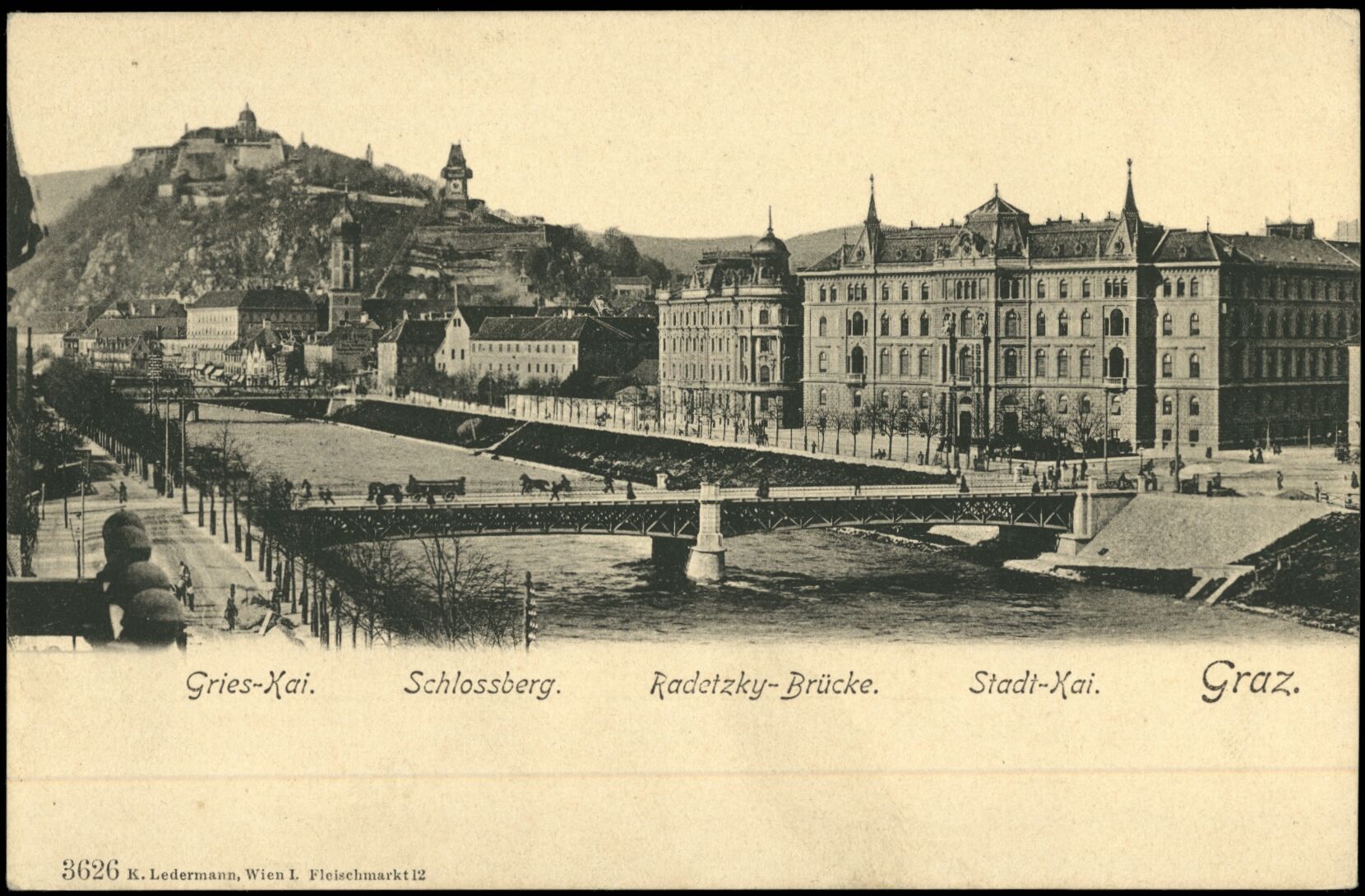 Graz, Gries-Kai, Schlossberg; Radetzky-Brücke; vor 1905; Österreichische Nationalbibliothek. Ansichtskarten online. httpdata.onb.ac.atAKONAK064_093