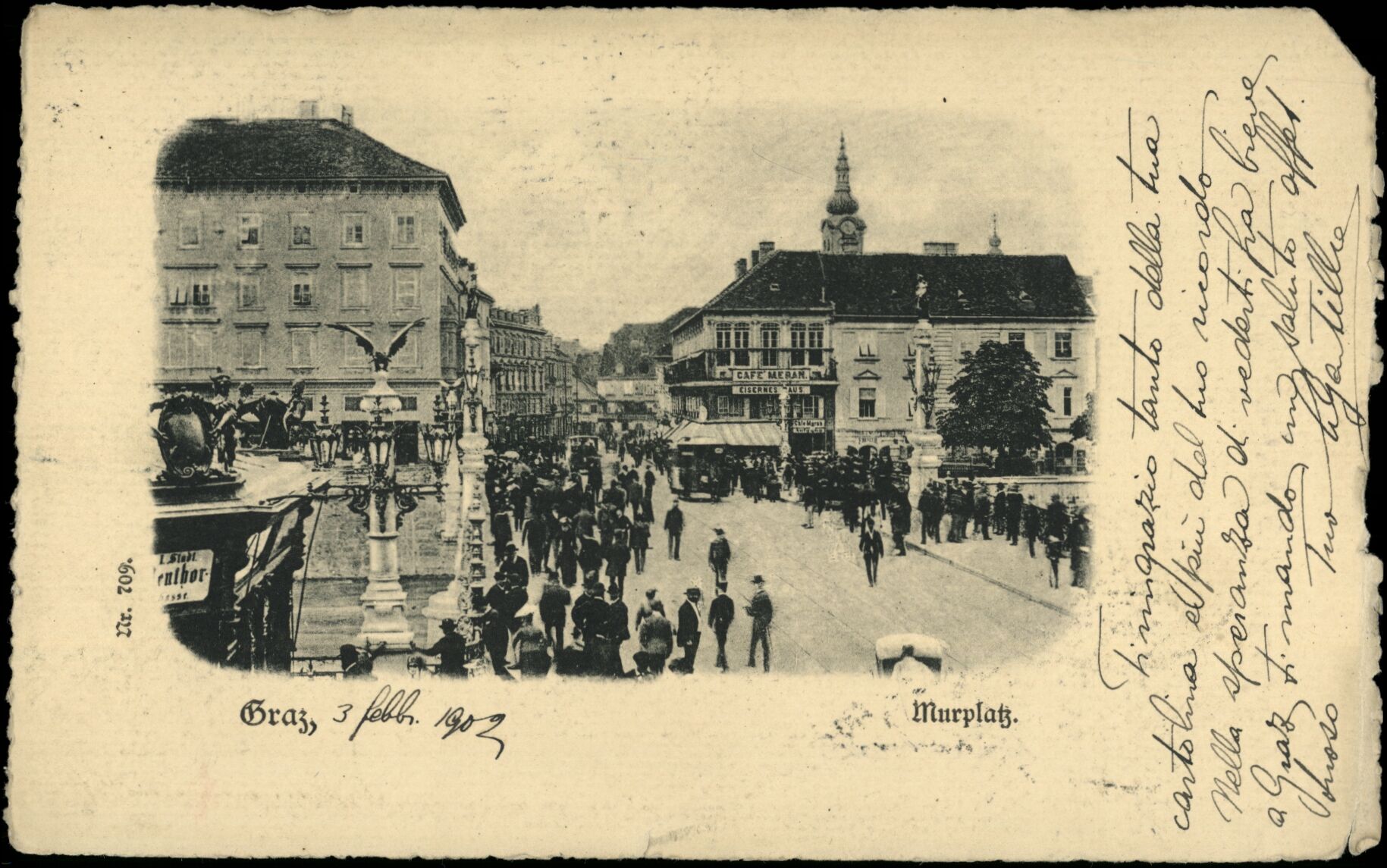Graz, Murplatz; gelaufen 1902; Österreichische Nationalbibliothek. Ansichtskarten online. httpdata.onb.ac.atAKONAK117_384