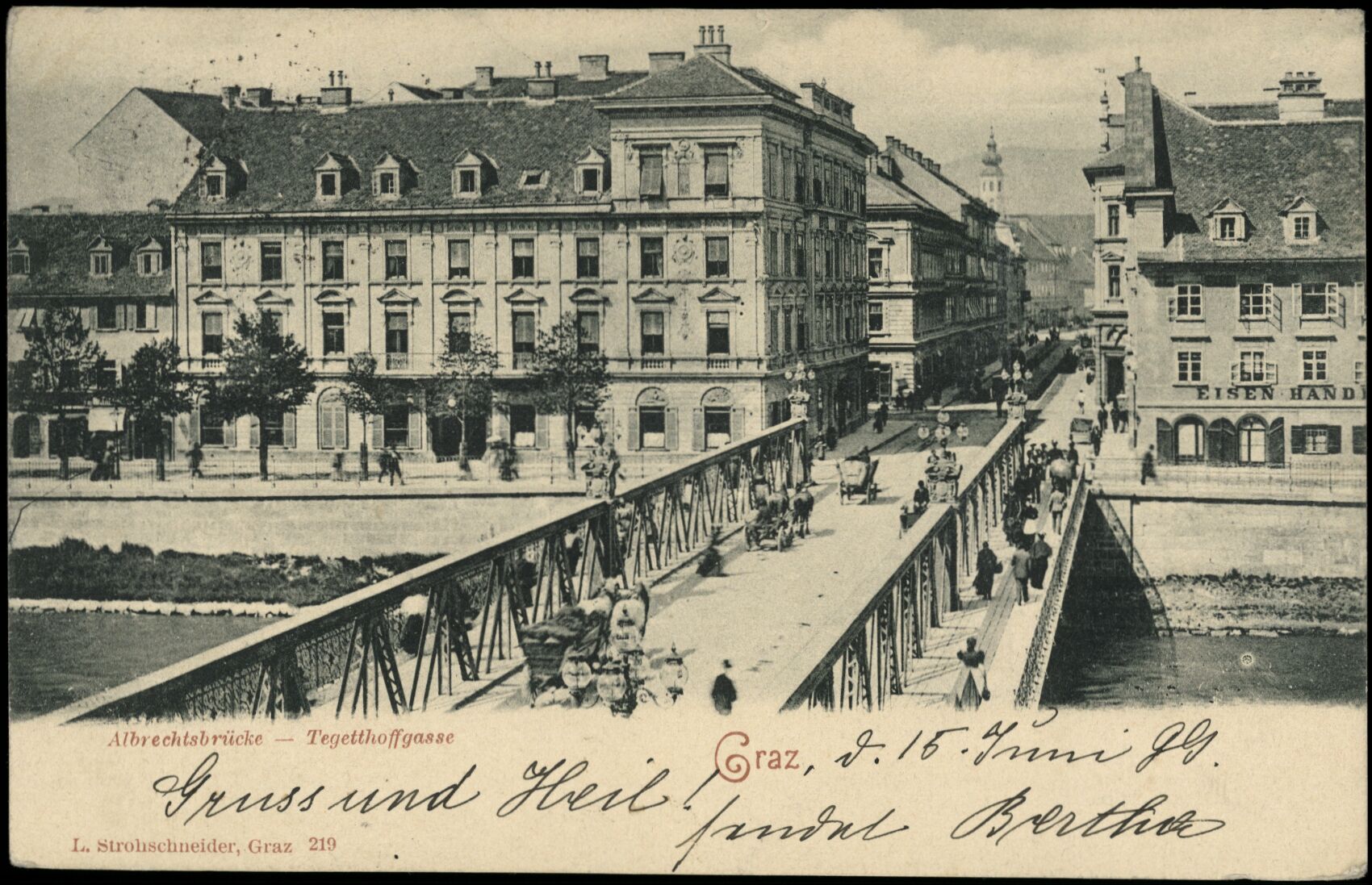 Graz, Tegetthoffgasse, Albrechtsbrücke; gelaufen 1899; Österreichische Nationalbibliothek. Ansichtskarten online. httpdata.onb.ac.atAKONAK115_420