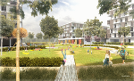 Großzügiger Grünraum soll die beiden Quartiere prägen. © kfr.at Großzügiger Grünraum soll die beiden Quartiere prägen.