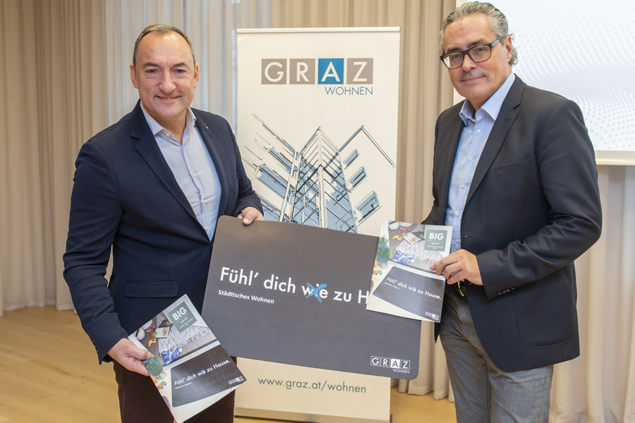 Präsentierten die Mehrwertkampagne von Wohnen Graz: Bürgermeister-Stellvertreter Mario Eustacchio und Wohnen-Graz-GF Gerhard Uhlmann (r.). © Stadt Graz/Fischer Präsentierten die Mehrwertkampagne von Wohnen Graz: Bürgermeister-Stellvertreter Mario Eustacchio und Wohnen-Graz-GF Gerhard Uhlmann (r.). © Stadt Graz/Fischer