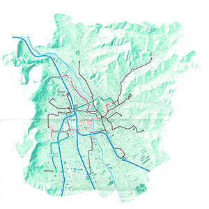 Übersicht über Straßenbahnlinien, die in der Studie untersucht und bewertet wurden © Stadt Graz/Verkehrsplanung, OpenStreetMap Übersicht über Straßenbahnlinien, die in der Studie untersucht und bewertet wurden © Stadt Graz/Verkehrsplanung, OpenStreetMap