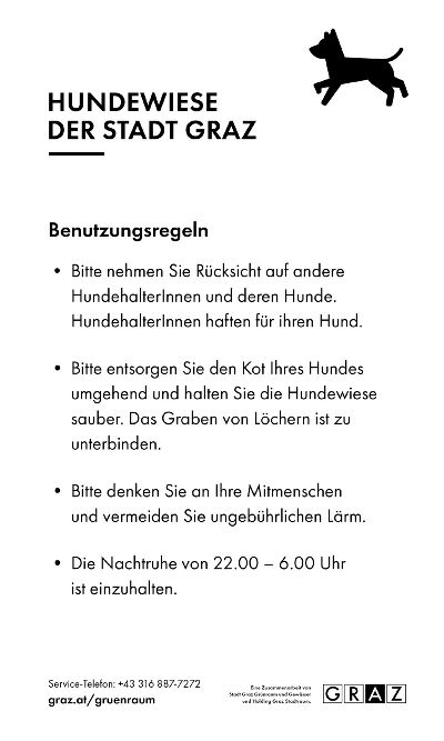 Benutzungsregeln für städtische Hundewiesen © Stadt Graz. Grafik: achtzigzehn Benutzungsregeln für städtische Hundewiesen