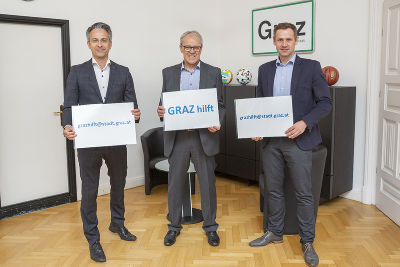 v.l. Sozialstadtrat Kurt Hohensinner, Günther Feldgrill, FPÖ-Klubobmann Armin Sippel © Stadt Graz/Fischer v.l. Sozialstadtrat Kurt Hohensinner, Günther Feldgrill, FPÖ-Klubobmann Armin Sippel