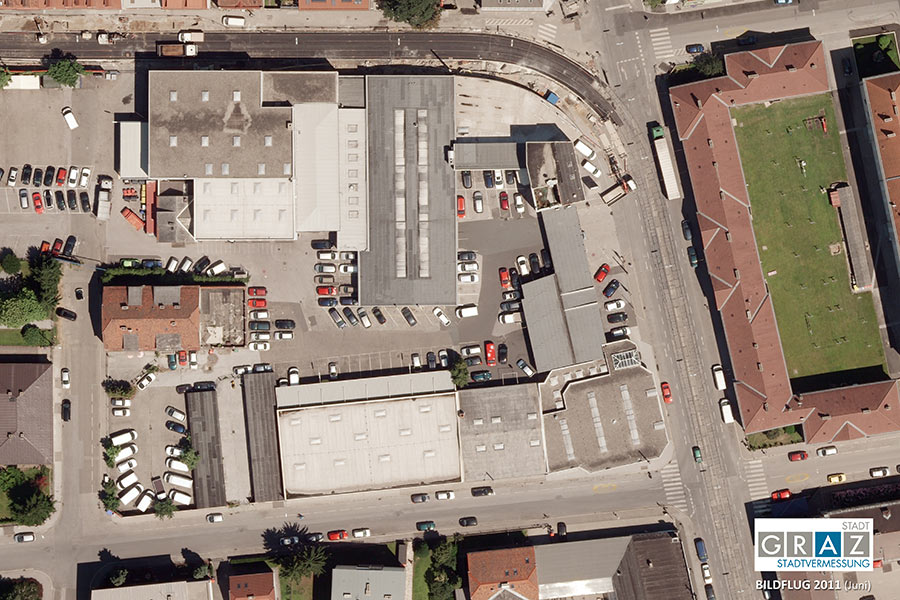 Beispiel Wohnbau "Eggenberge" in Graz-Eggenberg: Vorher grau ... © Stadtvermessungsamt Beispiel Wohnbau "Eggenberge" in Graz-Eggenberg: Vorher grau ...
