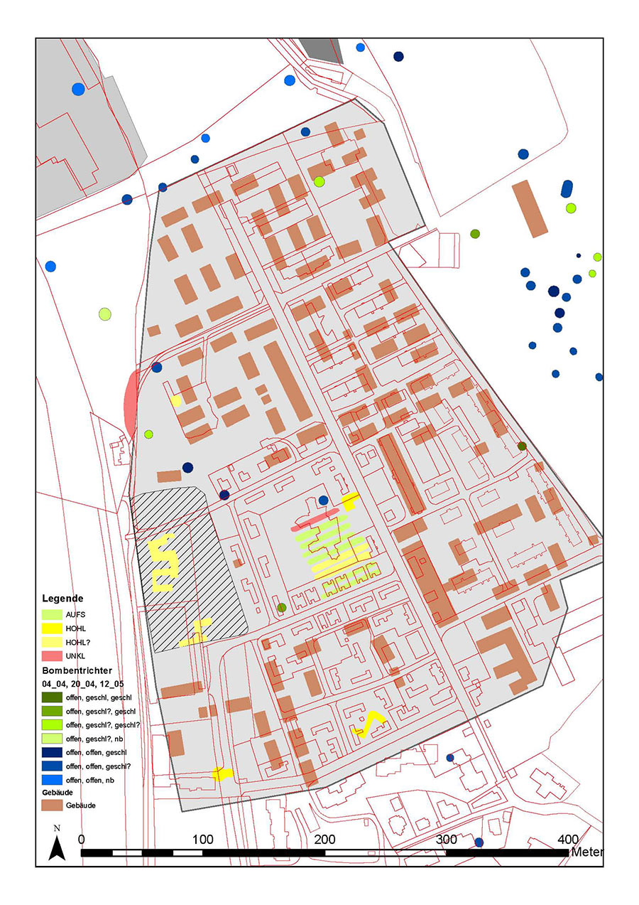 Moderner Kataster mit Eintragungen der offenen und geschlossenen Bombenkrater.