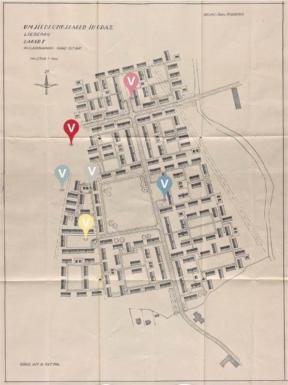 Plan des Umsiedlerlagers V vom 10. Oktober 1947 / Map of Resettlement Camp V, 10 October 1940