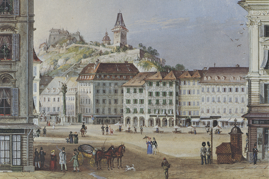 Blick vom "Hauptwachplatz" auf den Schlossberg um 1840.