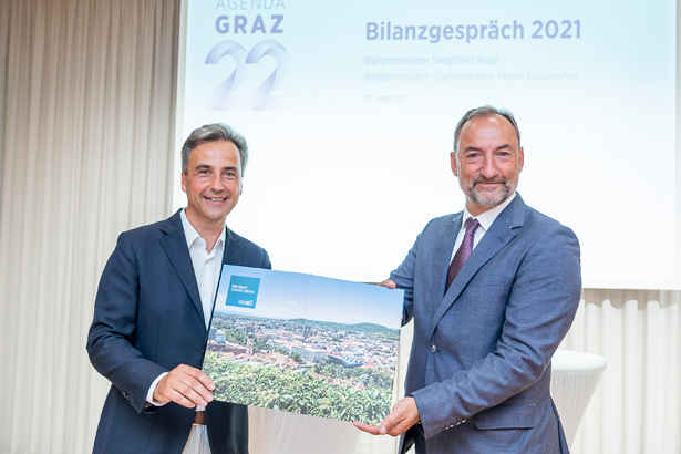 Dynamische Koalitionspartner für die Stadt Graz: Bürgermeister Siegfried Nagl (l.) und Vizebürgermeister Mario Eustacchio legen Bilanz ab. © Stadt Graz/Fischer Dynamische Koalitionspartner für die Stadt Graz: Bürgermeister Siegfried Nagl (l.) und Vizebürgermeister Mario Eustacchio legen Bilanz ab.
