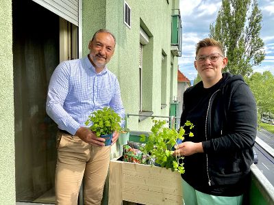 Die erste Mieterin im stadteigenen Gemeindebau darf sich bereits über ein Hochbeet freuen! 