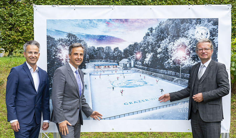 Begrüßen den neuen Standort der Winterwelt am Areal des Landessportzentrums: Sportstadtrat Kurt Hohensinner, Bürgermeister Siegfried Nagl und Landesrat Christopher Drexler (v. l.).