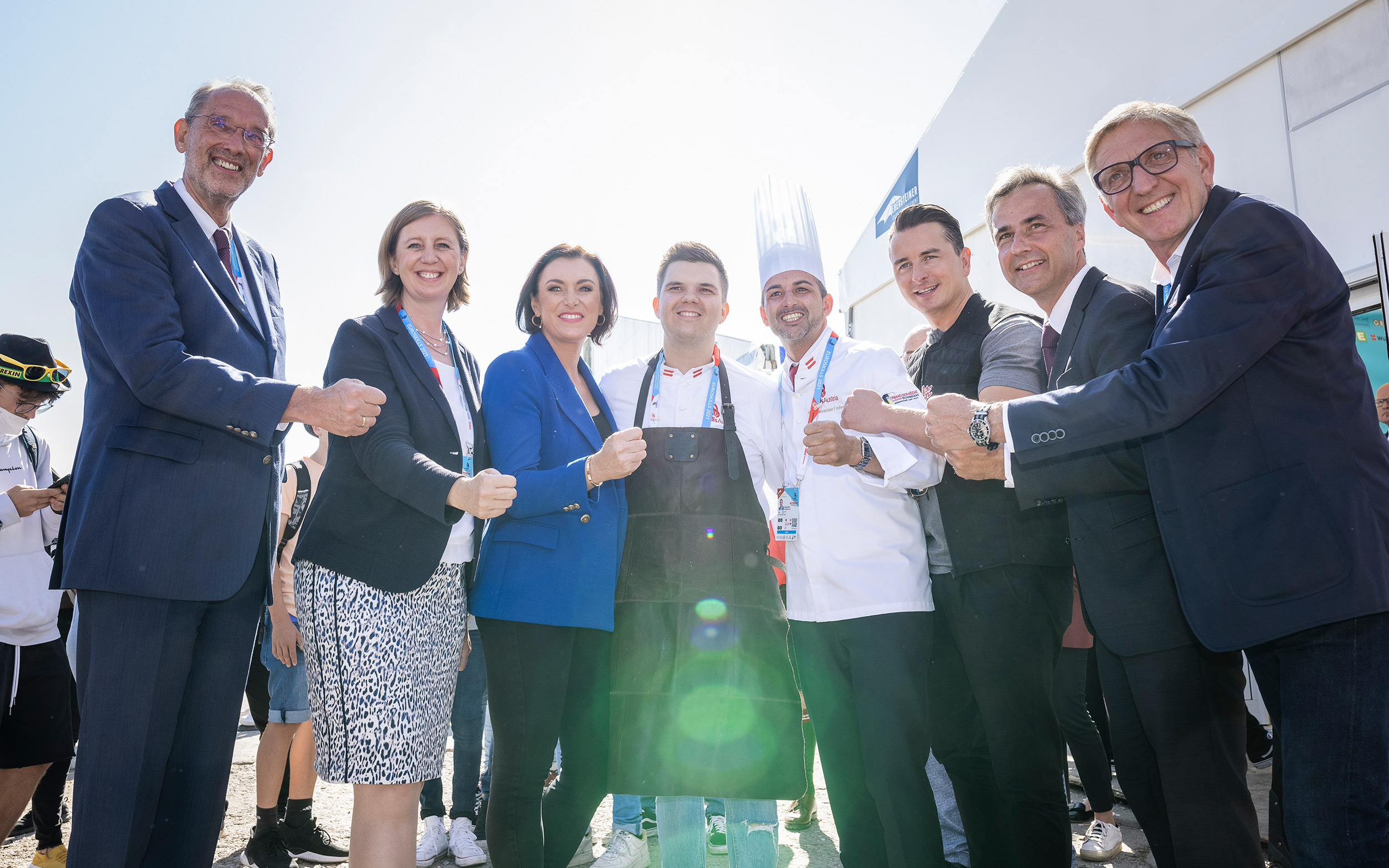 Bildungsminister Heinz Faßmann, die steirische Wirtschaftslandesrätin Barbara Eibinger-Miedl, Tourismusministerin Elisabeth Köstinger, Koch Alexander Lind, Trainer Alexander Forbes, Volksrock'n' Roller Andreas Gabalier, der Grazer Bürgermeister Siegfried Nagl, EuroSkills-Initiator Josef Herk 