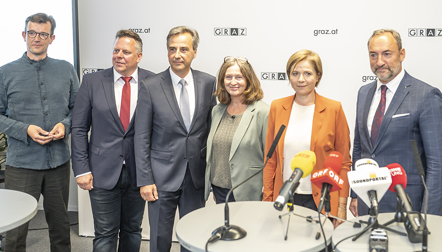 Die SpitzenkandidatInnen bei der gemeinsamen Pressekonferenz: Philipp Pointner, Michael Ehmann, Siegfried Nagl, Elke Kahr, Judith Schwentner, Mario Eustacchio (v. l.)