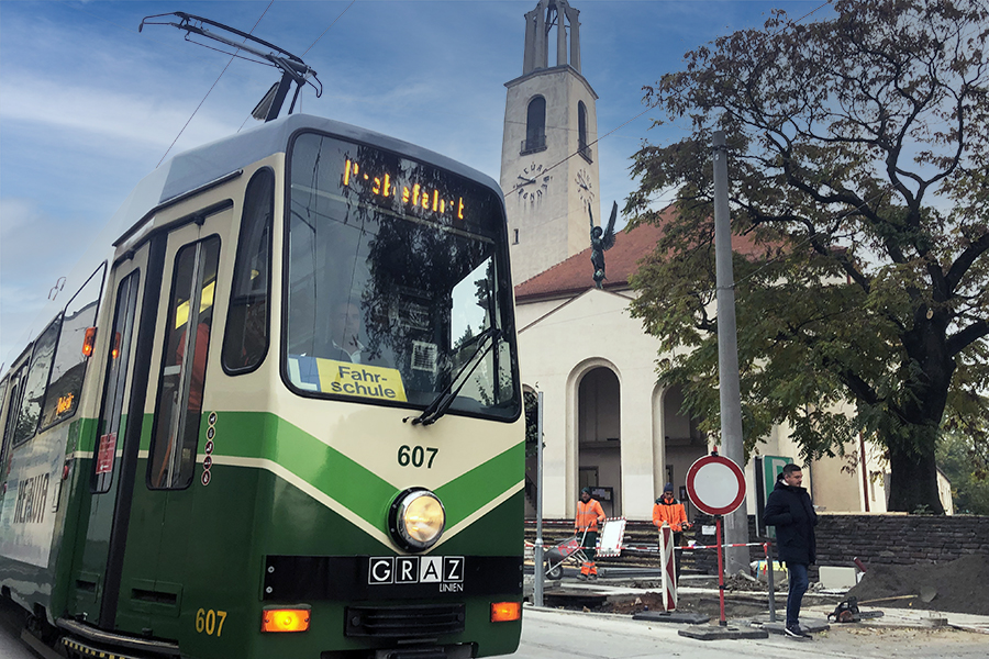 Generalprobe: Die ersten Testfahrten für den 6er sind abgeschlossen. Ab 30. Oktober fährt die Bim wieder durchgehend nach St. Peter und bei der Münzgrabenkirche gibt es neue Haltestellen.