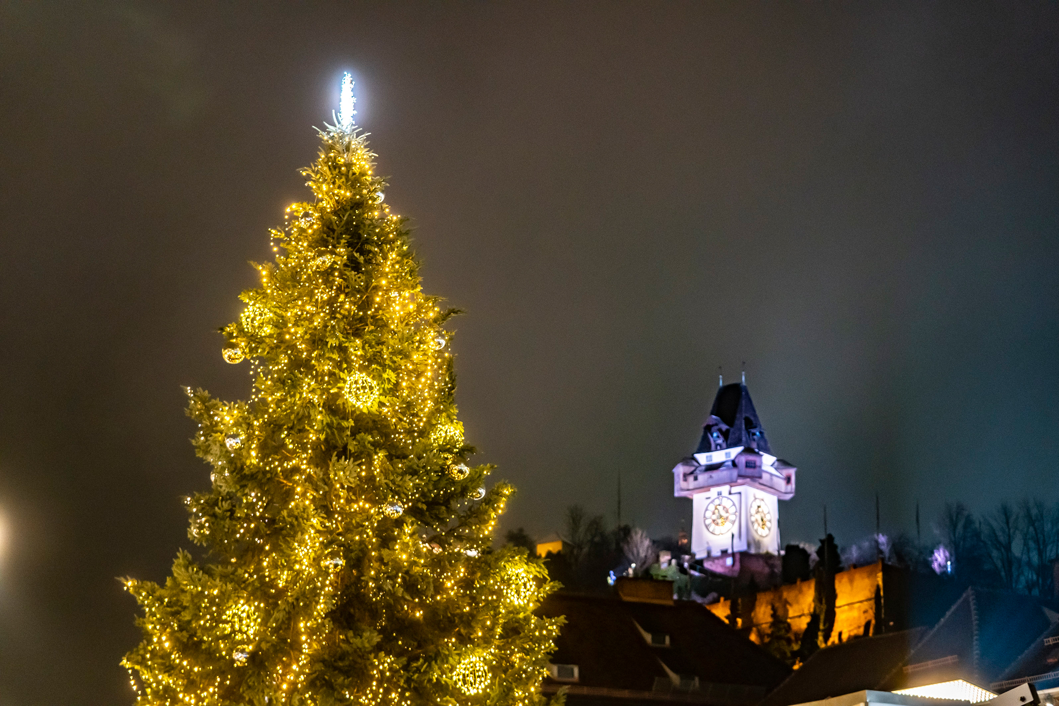 Der Uhrturm schaut auf den Christbaum herunter. 