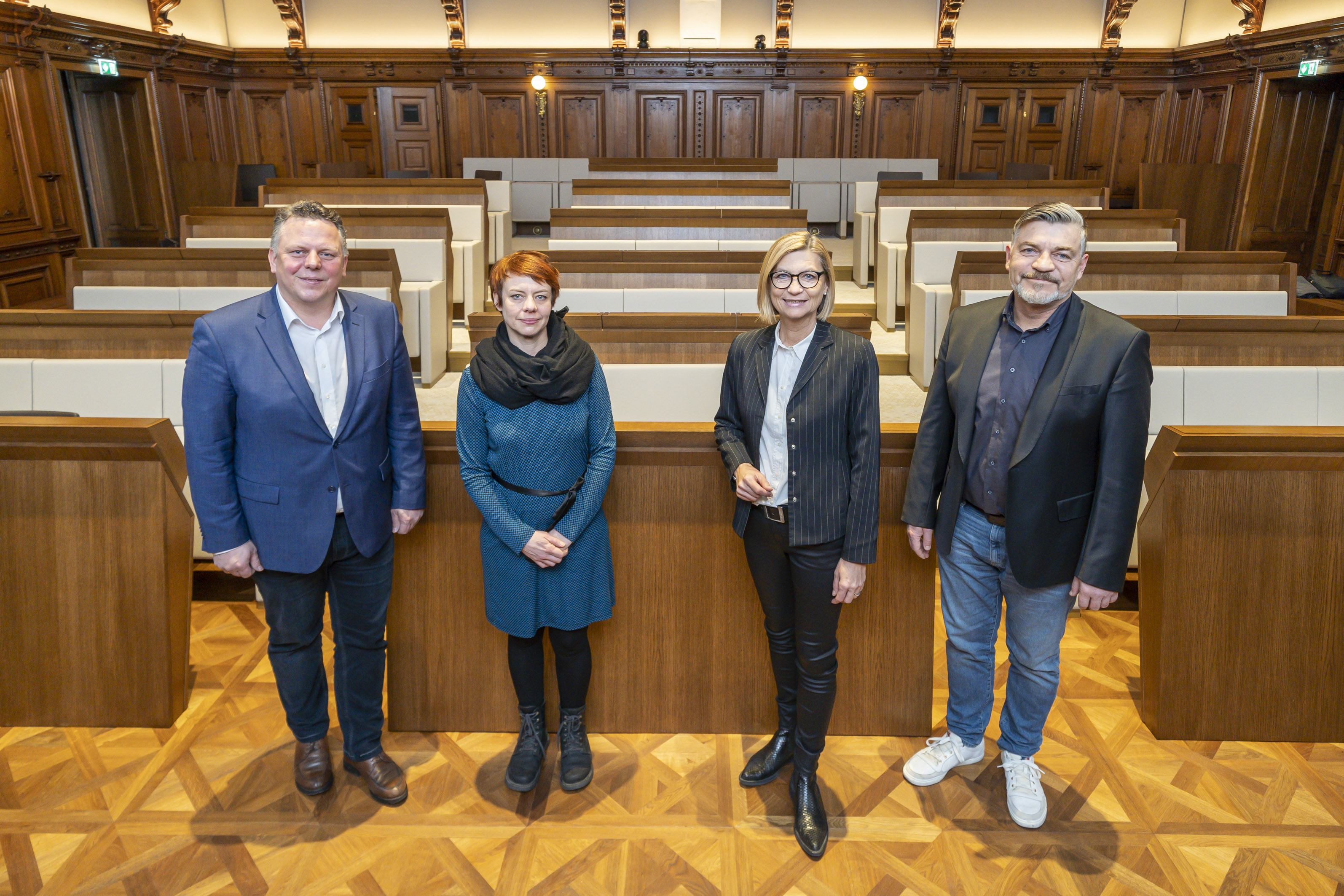 Obleute der Gemeinderatsklubs v.l.n.r.: Michael Ehmann, Christine Braunersreuther, Daniela Gmeinbauer und Karl Dreisiebner; am Foto fehlend: Alexis Pascuttini