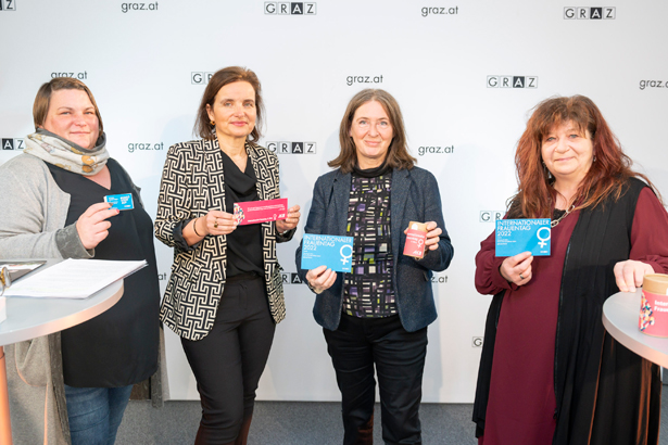 Pressegespräch anlässlich des Internationalen Frauentags: Sylvia Gassner, Bernadette Pöcheim, Elke Kahr und Doris Kirschner (v. l.).