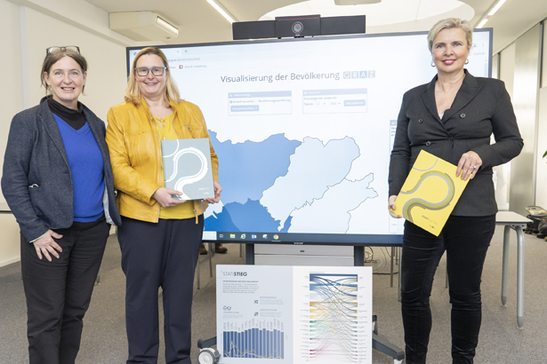 Bürgermeisterin Elke Kahr, Barbara Rauscher (Leiterin des Referats Statistik) und Verena Ennemoser (Leiterin der Präsidialabteilung) bei der Präsentation des neuen Online-Tools (v. l.) © Stadt Graz/Fischer Bürgermeisterin Elke Kahr, Barbara Rauscher (Leiterin des Referats Statistik) und Verena Ennemoser (Leiterin der Präsidialabteilung) bei der Präsentation des neuen Online-Tools (v. l.)