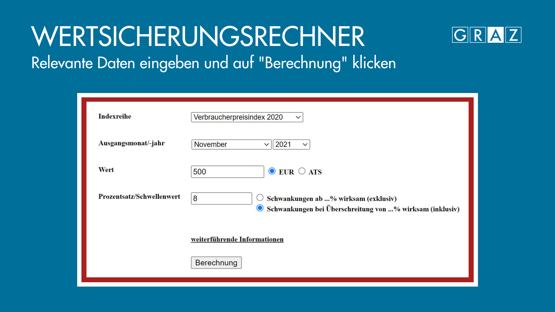 Screenshot von der Eingabemaske des Wertsicherungsrechners der Statistik Austria