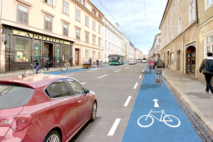 In der Heinrichstraße geht es mit neuen Radstreifen voran. © Artgineering In der Heinrichstraße geht es mit neuen Radstreifen voran.