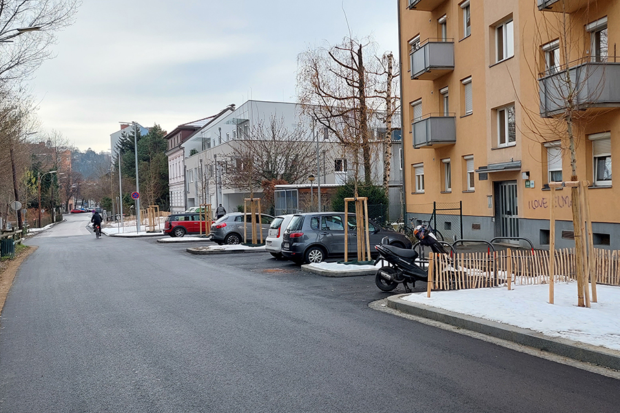 Vor dem Winter abgeschlossen: die Umgestaltung der Zeillergasse mit neuen Bäumen. © Stadt Graz/Altendorfer Vor dem Winter abgeschlossen: die Umgestaltung der Zeillergasse mit neuen Bäumen.