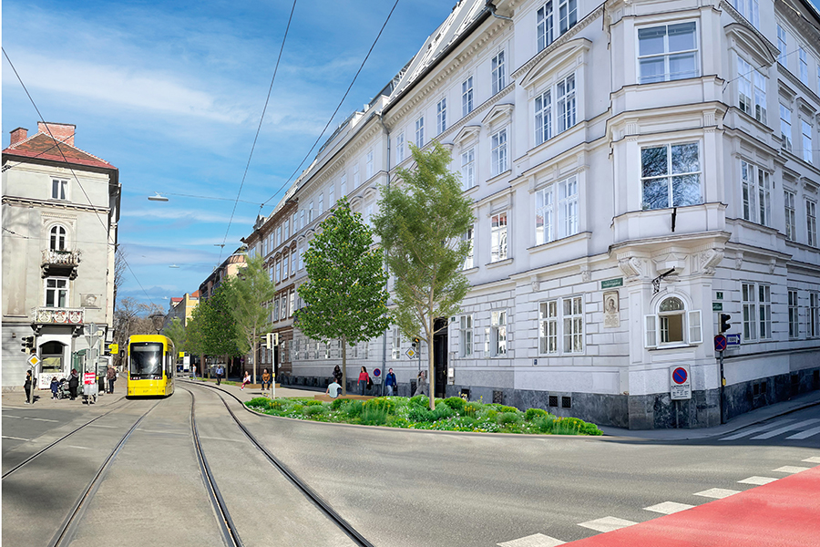 Auf Schiene: Die Gleissanierung in der Maiffredygasse/Leonhardstraße wird genutzt, um den Straßenraum neu zu gestalten.