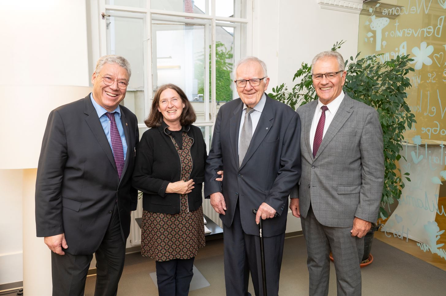 Empfang der "Europäischen Vereinigung ehemaliger Parlamentarier": v. l. Neo-Präsident Filippo Lombardi, Stadtrat von Lugano und Präsident der Auslandschweizer-Organisation (ASO), Bürgermeisterin Elke Kahr, Alt-Präsident Generalsekretär des Europarates a.D. Walter Schwimmer und Bundesratspräsident a.D. Edgar Mayer, Obmann Vereinigung Öffentlicher Mandatar:innen (VÖM)