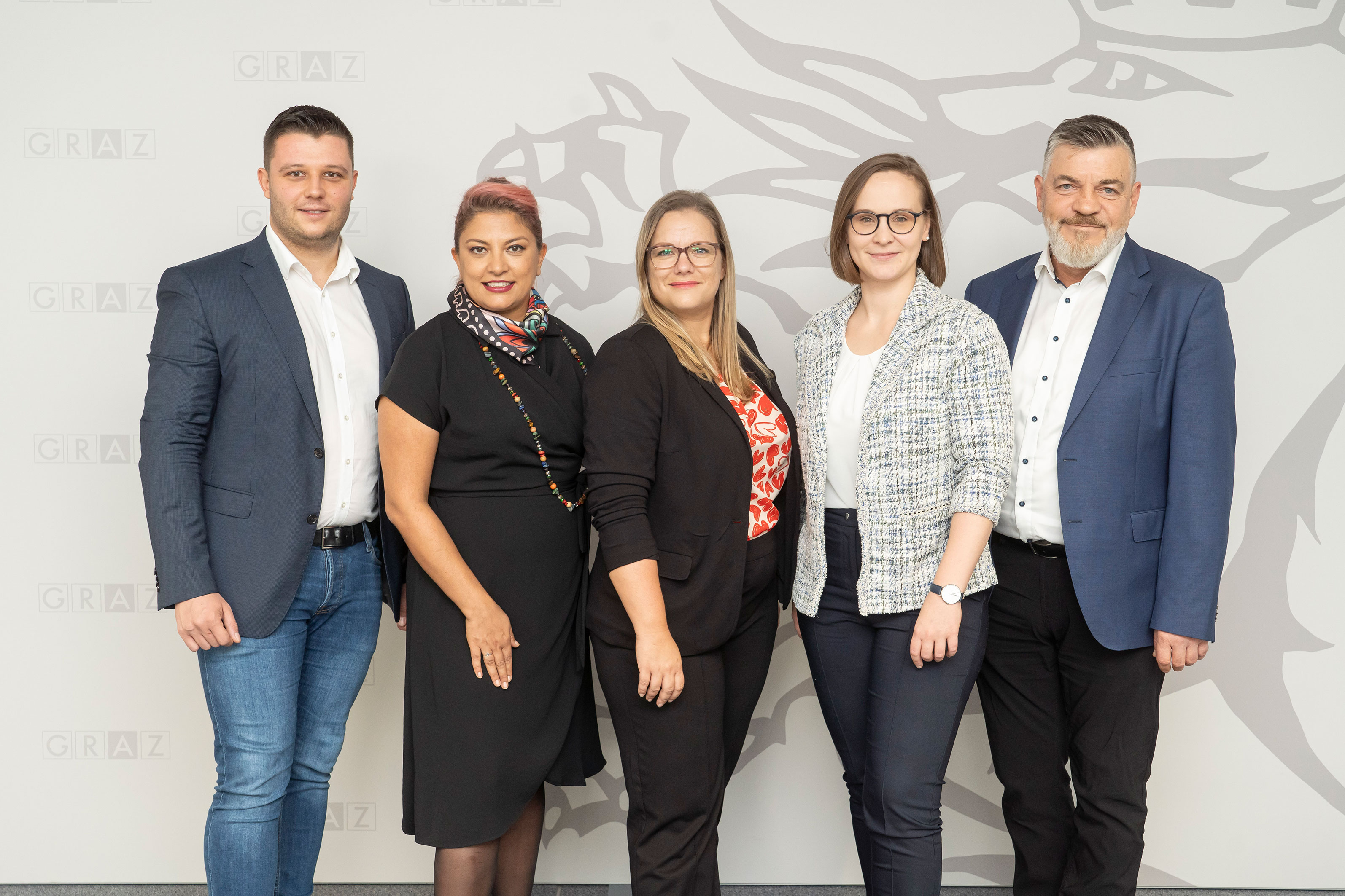 Obleute der Gemeinderatsklubs v.l.n.r.: Alexis Pascuttini, Sahar Mohsenzada, Daniela Schlüsselberger, Anna Hopper, Karl Dreisiebner