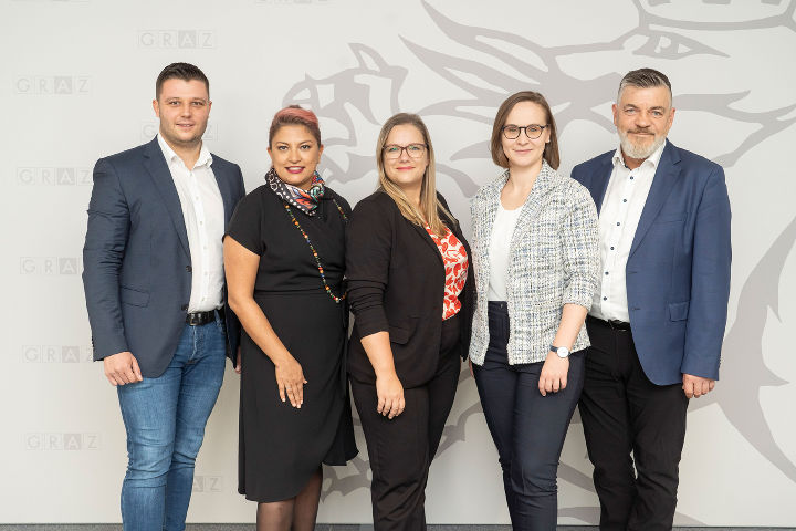 Obleute der Gemeinderatsklubs v.l.n.r.: Alexis Pascuttini, Sahar Mohsenzada, Daniela Schlüsselberger, Anna Hopper, Karl Dreisiebner
