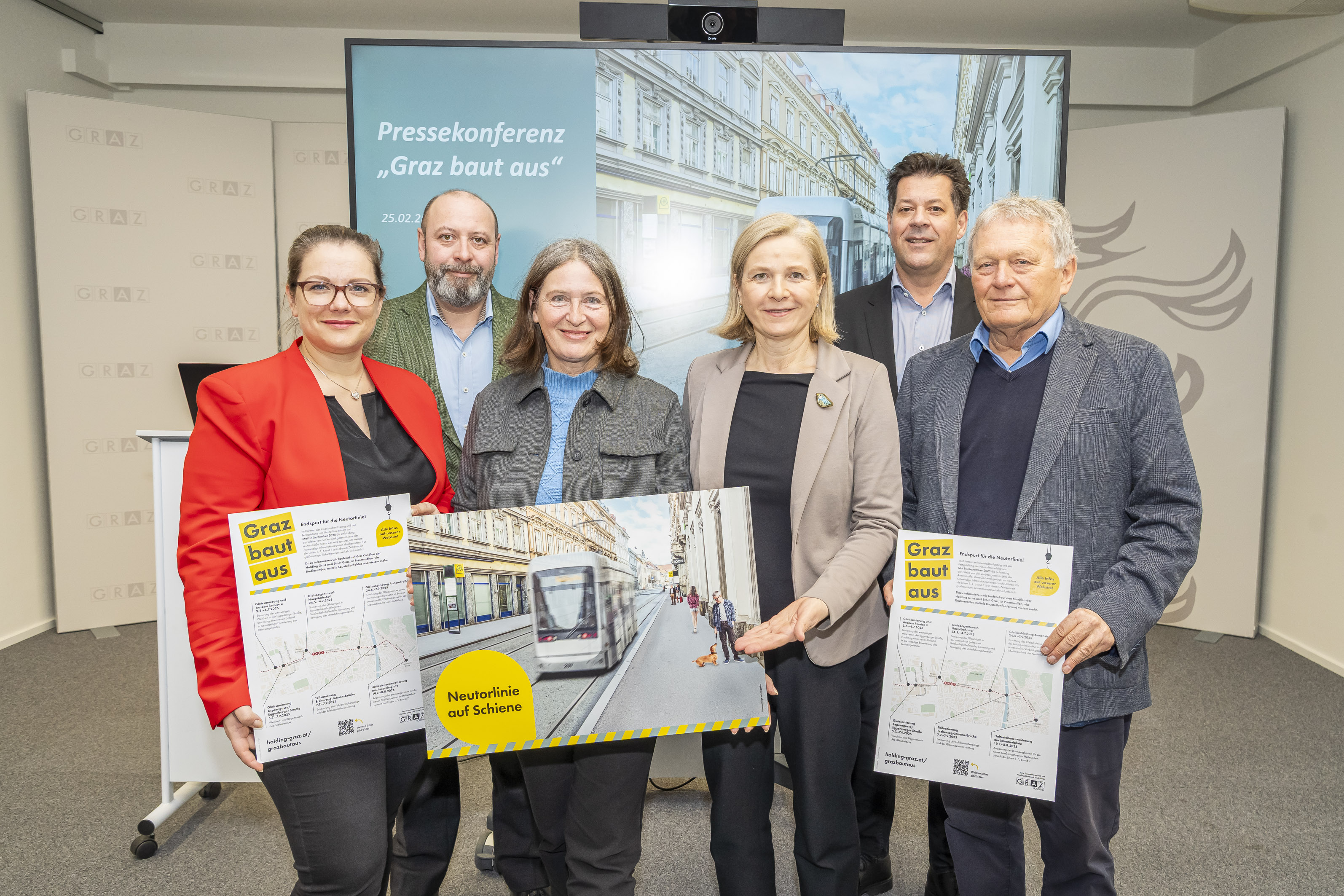 v.l.: Daniela Schlüsselberger, Mark Perz, Elke Kahr, Judith Schwentner, Bertram Werle und Wolfgang Malik © Stadt Graz/Fischer v.l.: Daniela Schlüsselberger, Mark Perz, Elke Kahr, Judith Schwentner, Bertram Werle und Wolfgang Malik
