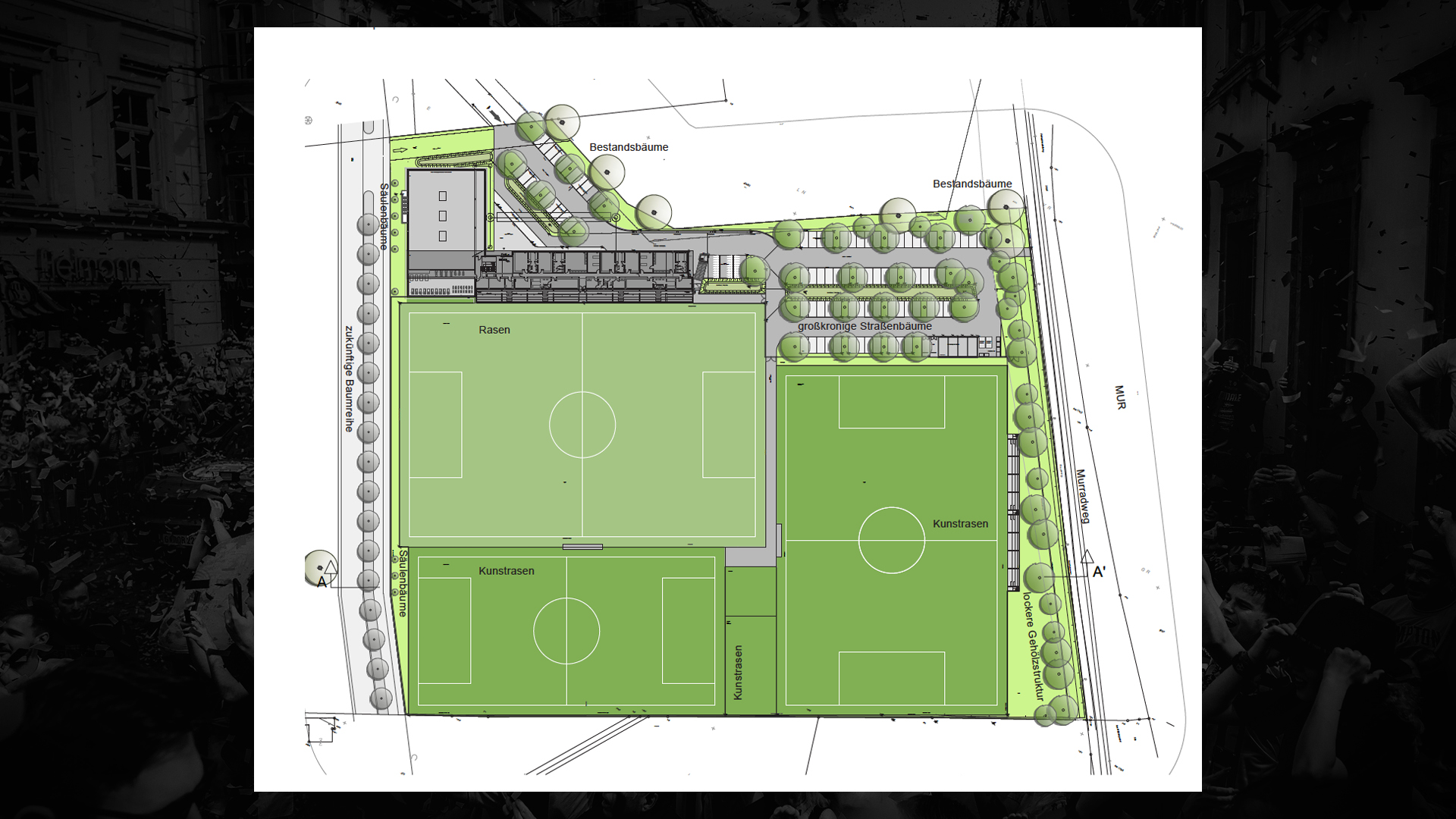 Ein Hauptplatz mit Naturrasen, zwei Kunstrasenplätze sowie ein Funcourt und eine Fußballhalle sind geplant.