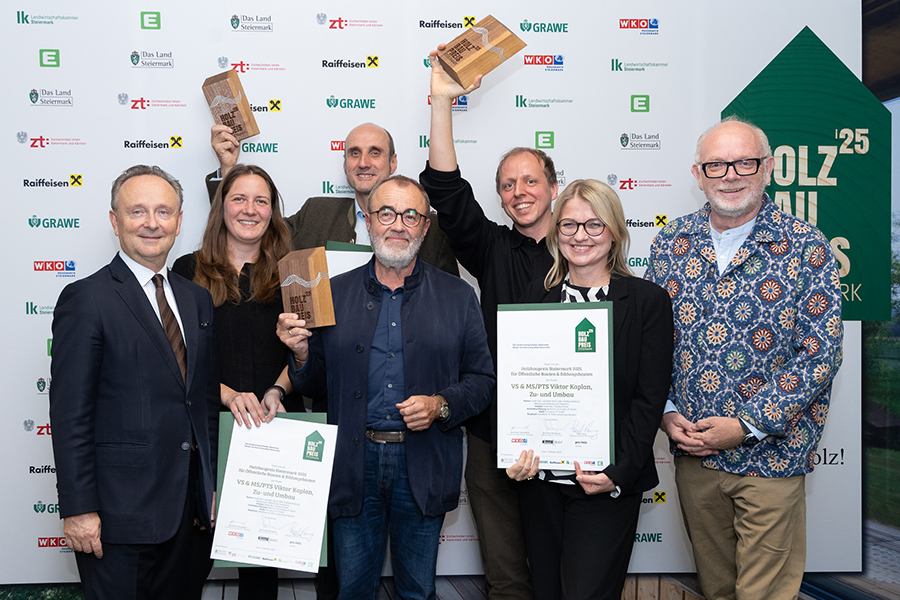Holzbaupreis für die Stadt: Peter Trummer, Energie Steiermark; Johanna Reisinger, Hohensinn Architektur; Johann Harrer, Strobl Bau; Josef Hohensinn, Hohensinn Architektur; Winfried Ranz-Krainer, Abt. für Bildung und Integration; Ingrid Frisch, Stadtbaudirektion; Rainer Plösch, GBG; v. l.