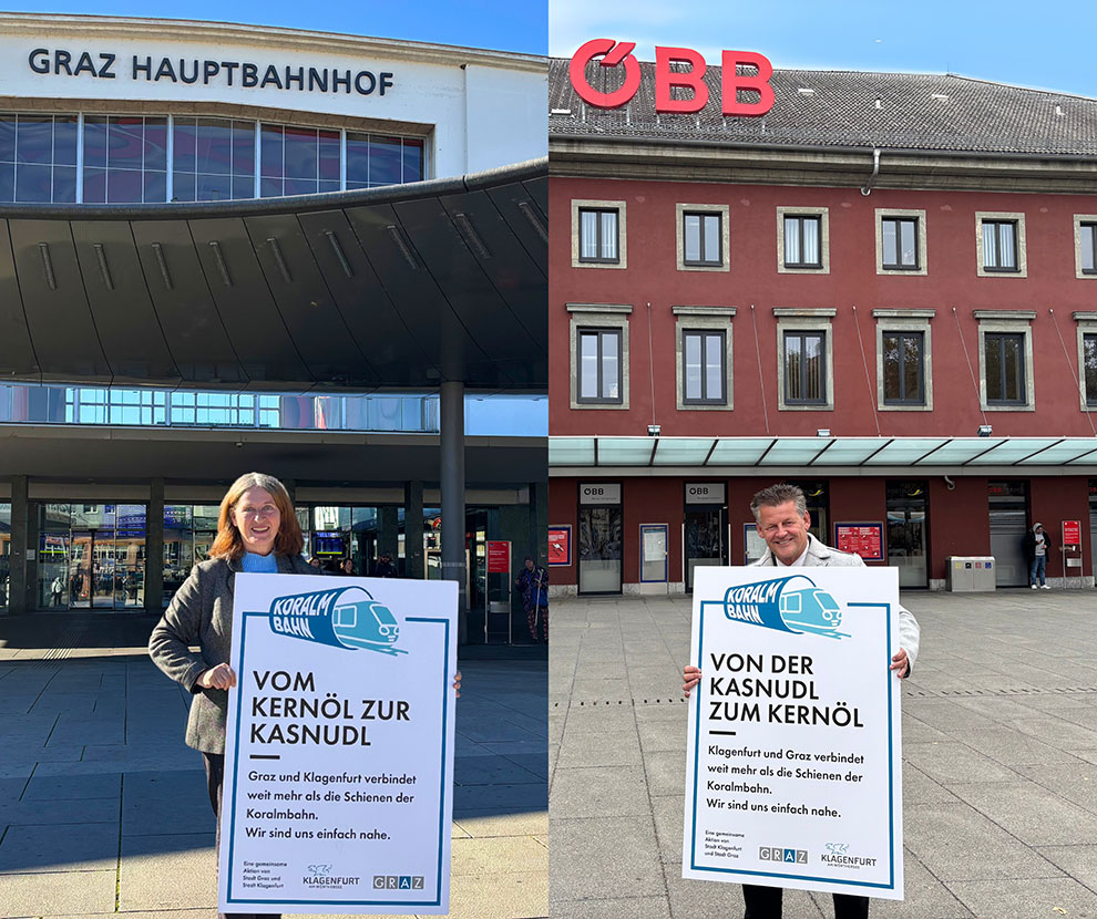 Die Grazer Bürgermeisterin Elke Kahr und der Klagenfurter Bürgermeister Christian Scheider stehen hinter der Koralmbahn-Kampagne.