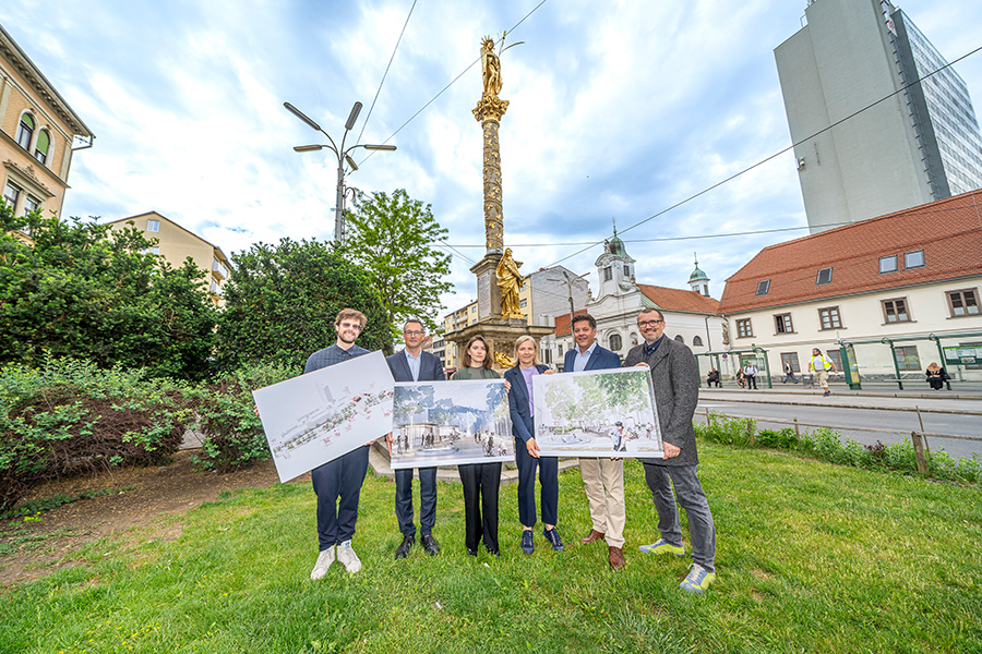 Griesplatz neu: Michael Deutsch und Bernhard Inninger (Stadtplanung), Siegerin Rita Engl, Vizebgm.in Judith Schwentner sowie Bertram Werle und Vladimir Strecansky (Stadtbaudirektion), v. l. © Stadt Graz/Fischer Griesplatz neu: Michael Deutsch und Bernhard Inninger (Stadtplanung), Siegerin Rita Engl, Vizebgm.in Judith Schwentner sowie Bertram Werle und Vladimir Strecansky (Stadtbaudirektion), v. l.