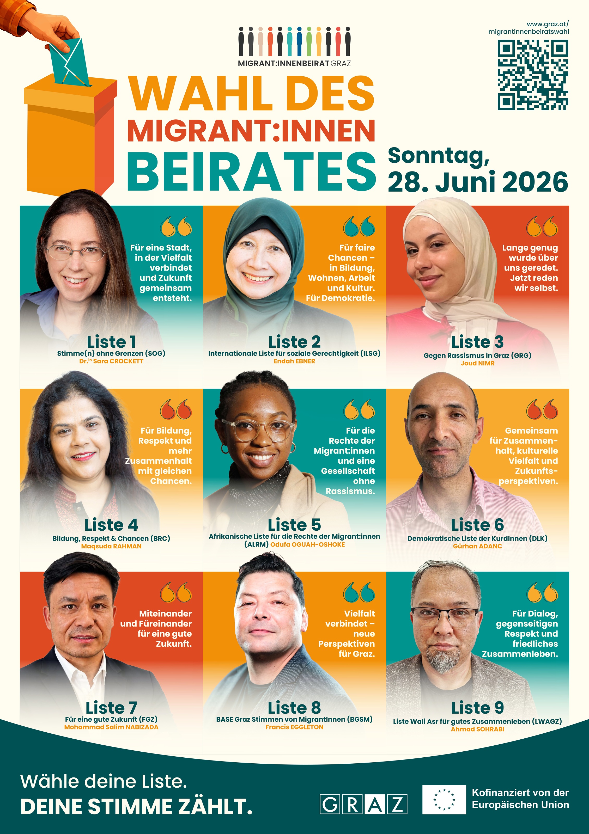 Listen und wahlwerbende Gruppen bei der Wahl des Migrant:innenbeirates am 28. Juni 2026 © Migrant:innenbeirat der Stadt Graz Listen und wahlwerbende Gruppen bei der Wahl des Migrant:innenbeirates am 28. Juni 2026