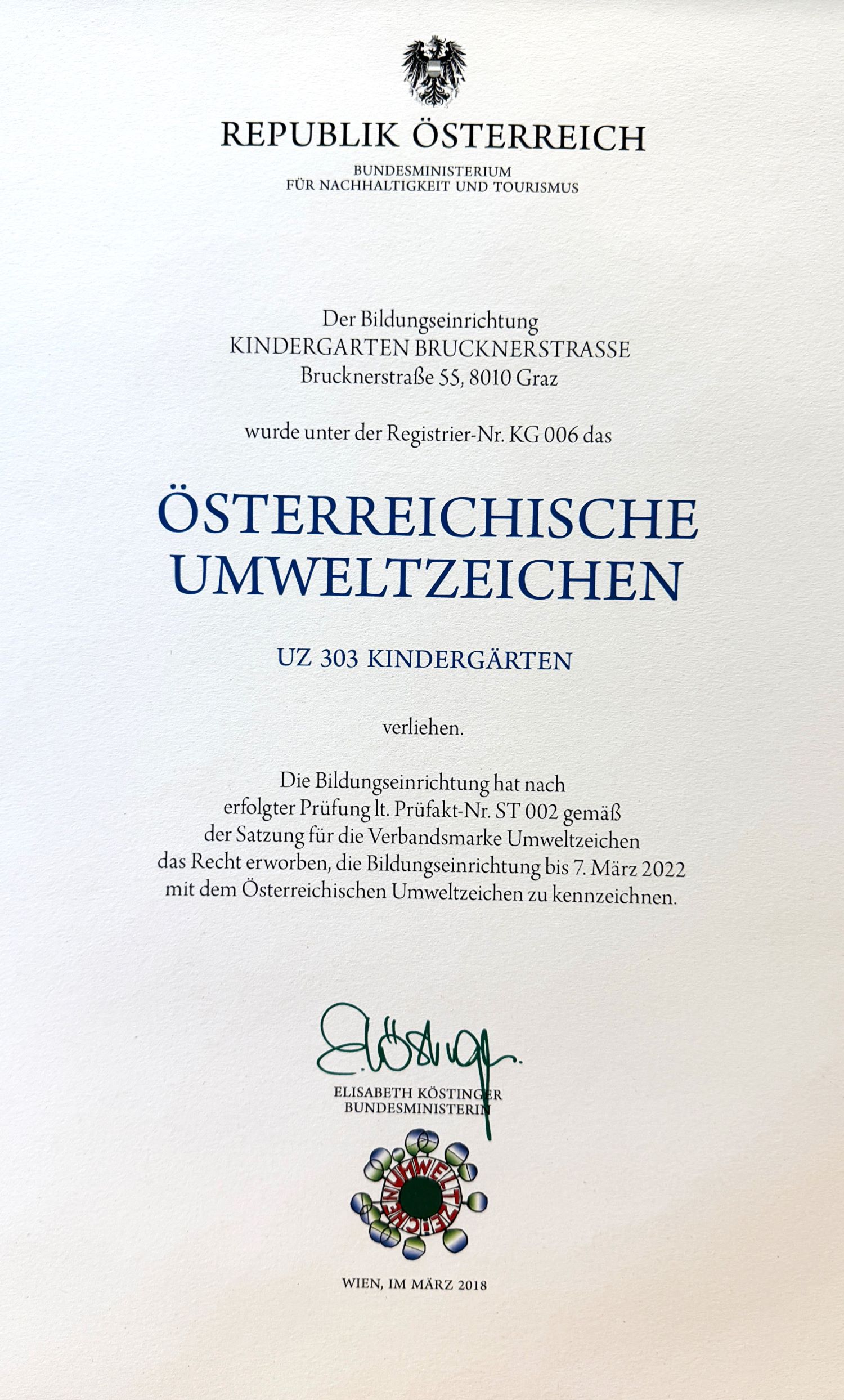 Verleihungsurkunde österreichische Umweltzeichen