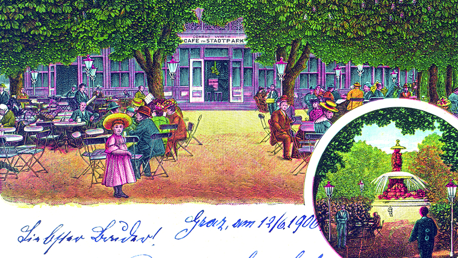 Ansichtskarte, Zeichnung vom Café im Stadtpark